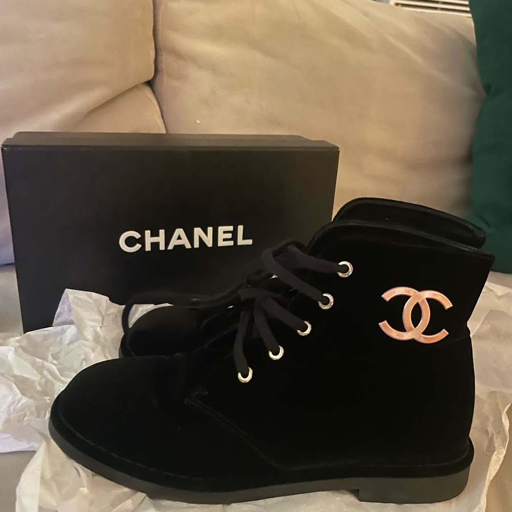 Chanel Velvet Booties Black Lace Up Boots W Box EU 37.5 US 7 (Worn twice!)